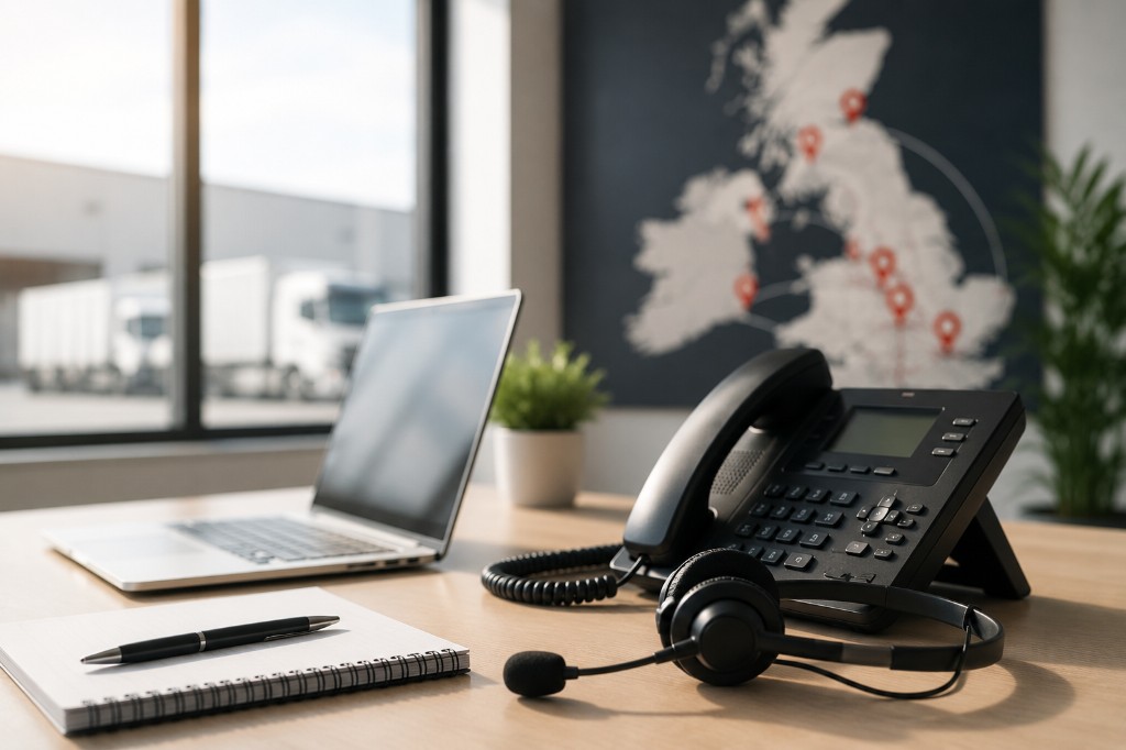 CourExpress contact desk with UK map and logistics team ready to help