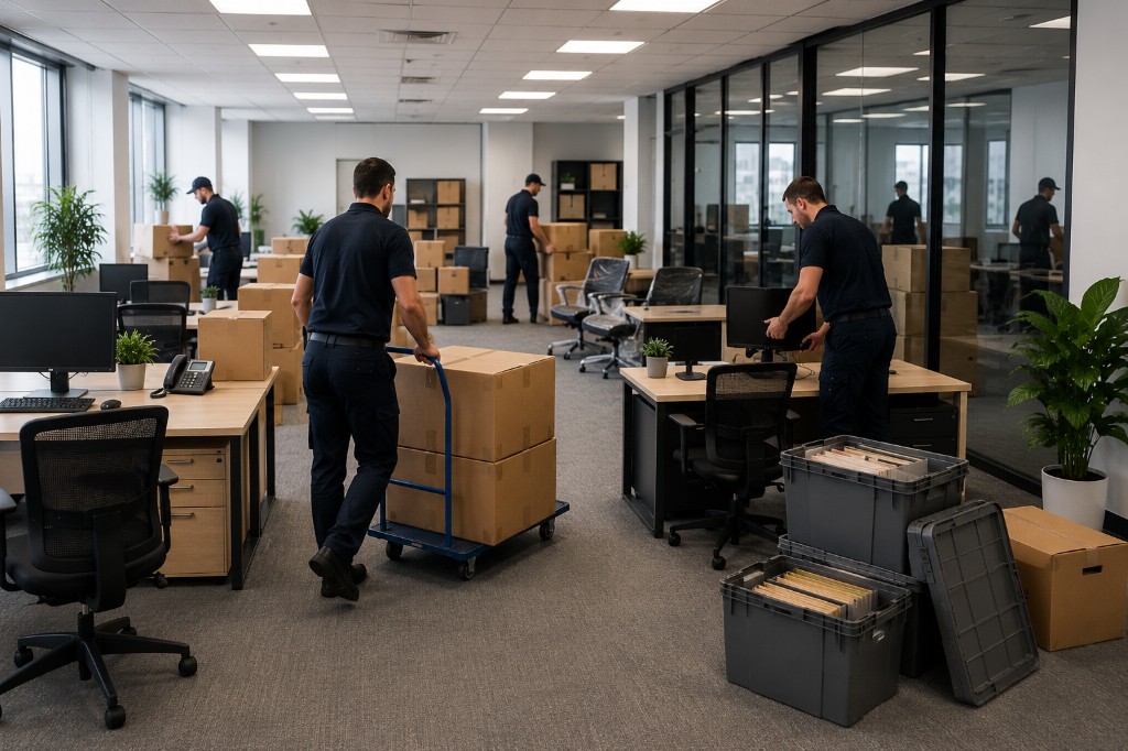 Professional office relocation with movers packing desks and equipment