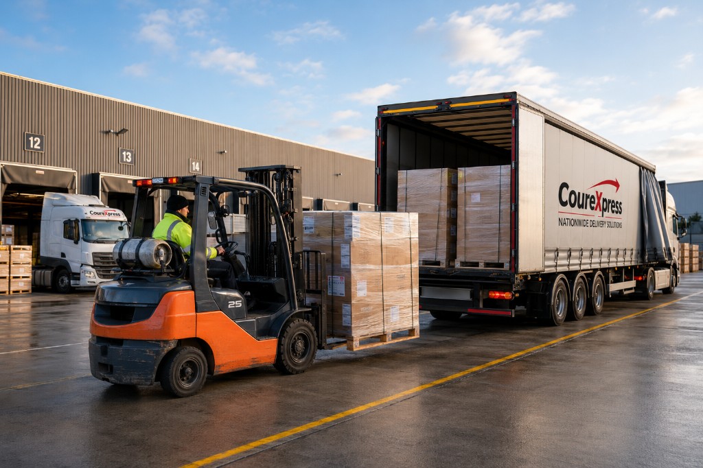 CourExpress forklift loading pallets into a freight truck at a warehouse