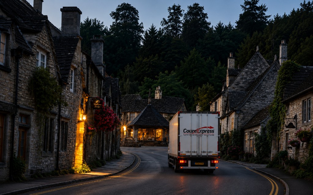 CourExpress delivery van on a village road in England at dusk