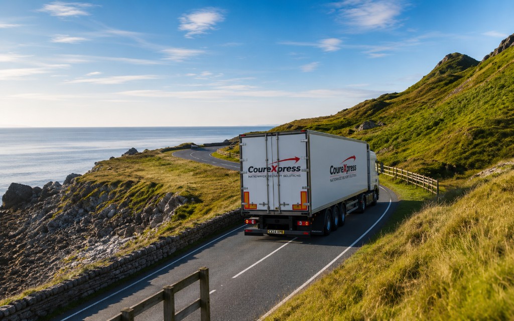 CourExpress delivery truck on a coastal road in Northern Ireland