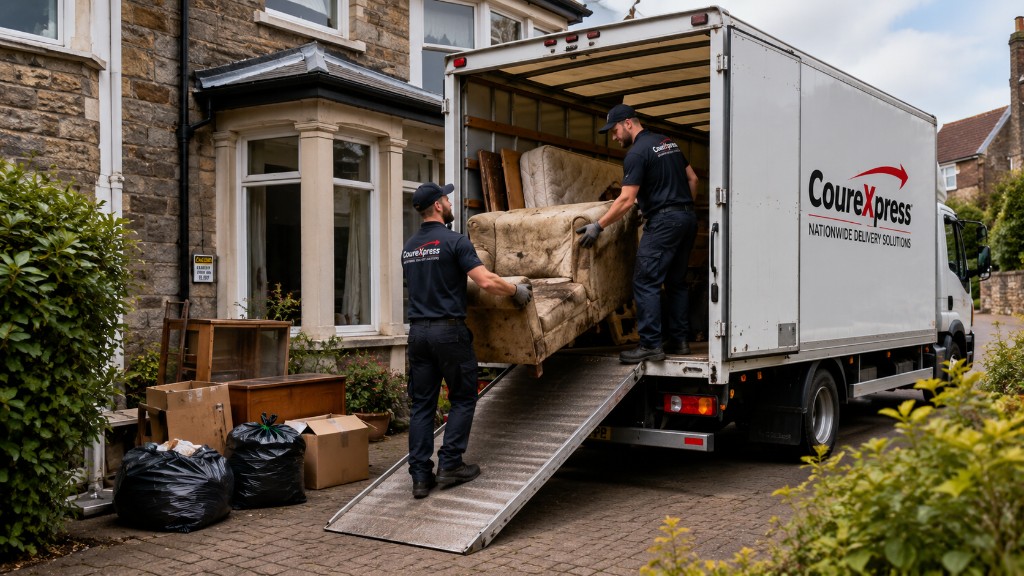 CourExpress crew loading furniture and waste into a removal truck for house clearance